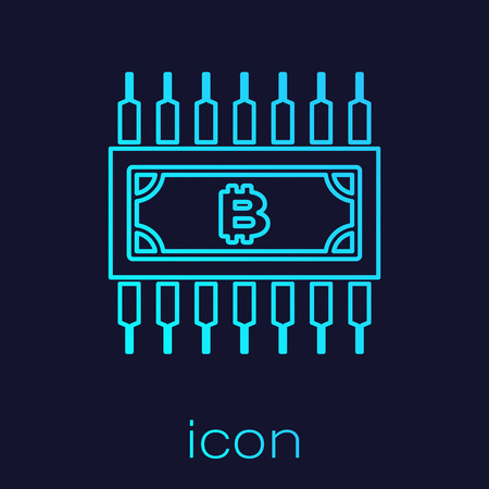 Turquoise Cryptocurrency concept bitcoin in circle with microchip circuit line icon isolated on blue background. Blockchain technology, digital money market. Vector Illustrationのイラスト素材
