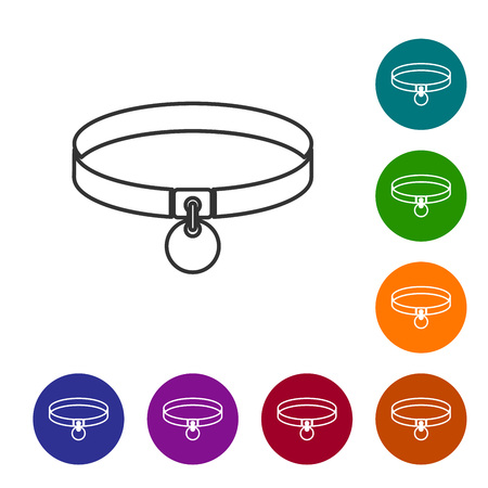 Grey Collar with name tag line icon isolated on white background. Simple supplies for domestic animal. Cat and dog care. Pet chains. Set icon in color circle buttons. Vector Illustrationのイラスト素材