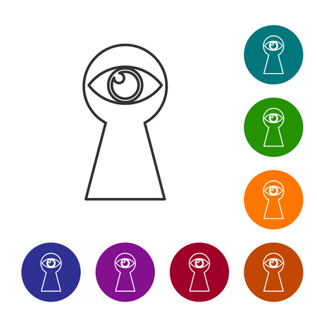 Grey Keyhole with eye line icon isolated on white background. The eye looks into the keyhole. Keyhole eye hole. Set icon in color circle buttons. Vector Illustrationのイラスト素材