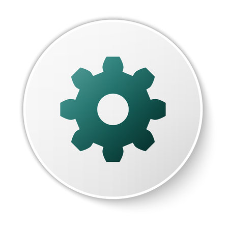 Green Gear icon isolated on white background. Cogwheel gear settings sign. Cog symbol. Green circle button. Vector Illustrationのイラスト素材