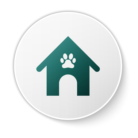 Green Dog house and paw print pet icon isolated on white background. Dog kennel. White circle button. Vector Illustrationのイラスト素材