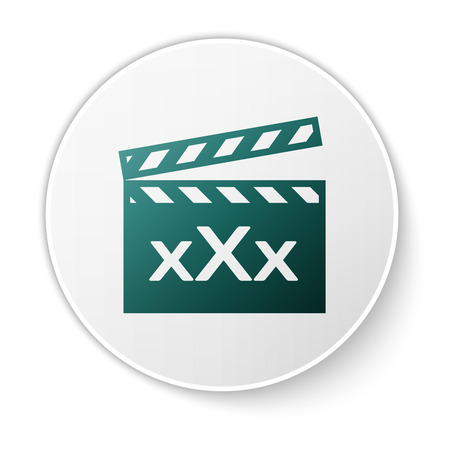 Green Movie clapper with inscription XXX icon isolated on white background. Age restriction symbol. 18 plus content sign. Adult channel. White circle button. Vector Illustrationのイラスト素材
