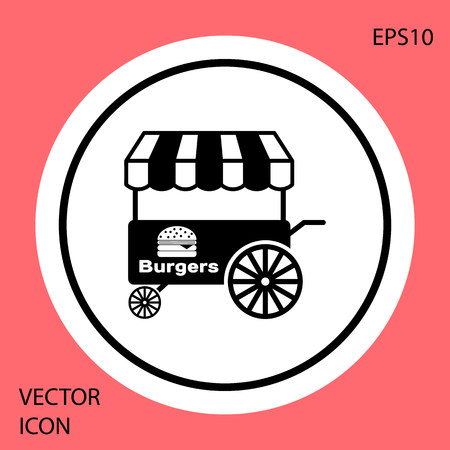 Black Fast street food cart with awning icon isolated on red background. Burger or hamburger icon. Urban kiosk. White circle button. Vector Illustrationのイラスト素材