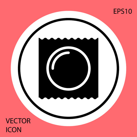 Black Condom in package safe sex icon isolated on red background. Safe love symbol. Contraceptive method for male. White circle button. Vector Illustrationのイラスト素材