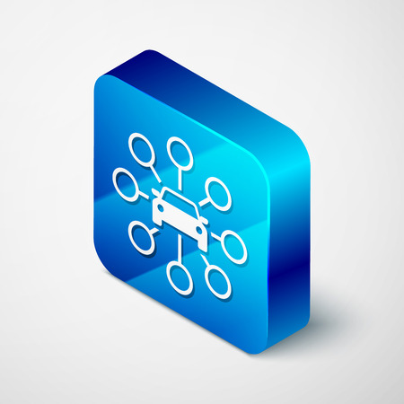 Isometric Car sharing icon isolated on white background. Carsharing sign. Transport renting service concept. Blue square button. Vector Illustrationのイラスト素材