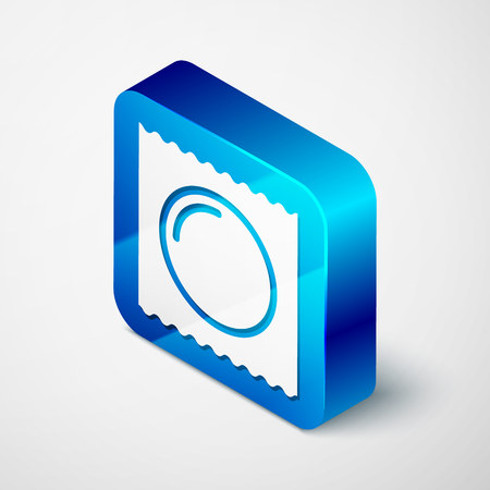 Isometric Condom in package safe sex icon isolated on white background. Safe love symbol. Contraceptive method for male. Blue square button. Vector Illustrationのイラスト素材