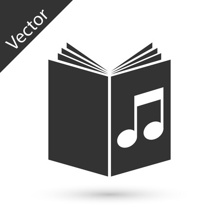 Grey Audio book icon isolated on white background. Musical note with book. Audio guide sign. Online learning concept.  Vector Illustrationのイラスト素材