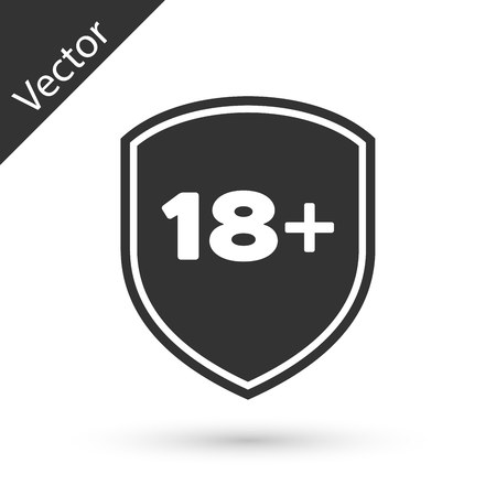 Grey Shield with inscription 18 plus icon isolated on white background. Adults content only. Protection, safety, security, protect concept.  Vector Illustrationのイラスト素材