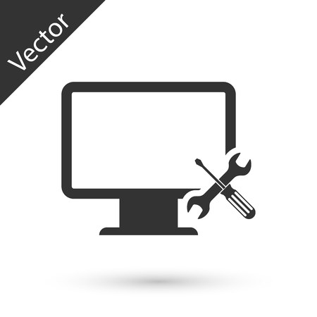 Grey Computer monitor with screwdriver and wrench icon isolated on white background. Adjusting, service, setting, maintenance, repair, fixing.  Vector Illustrationのイラスト素材