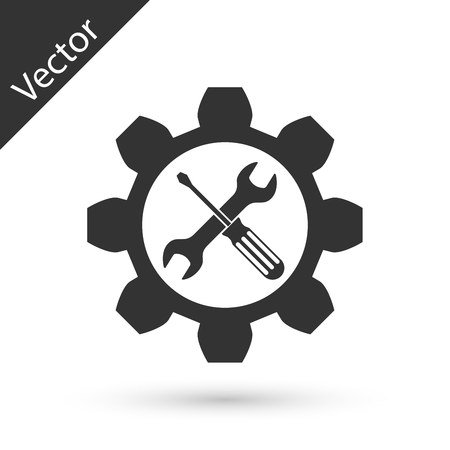 Grey Maintenance symbol - wrench and screwdriver in gear icon isolated on white background. Service tool symbol.  Vector Illustrationのイラスト素材