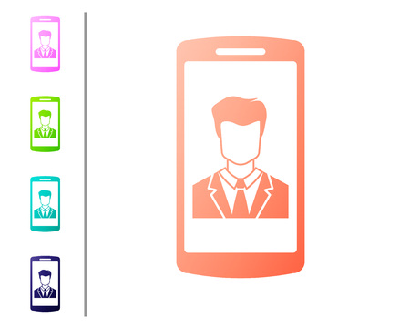 Coral Smartphone with contact on screen icon isolated on white background. Incoming call. Human on phone screen. Call contact. Set icon in color buttons. Vector Illustrationのイラスト素材