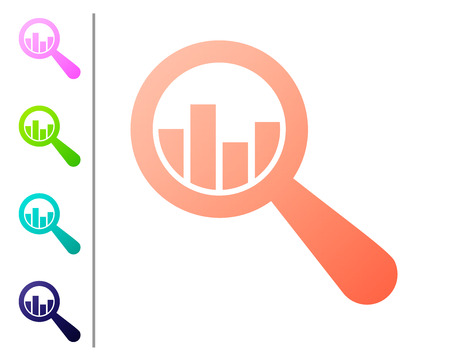 Coral Magnifying glass and data analysis icon isolated on white background. Set icon in color buttons. Vector Illustrationのイラスト素材
