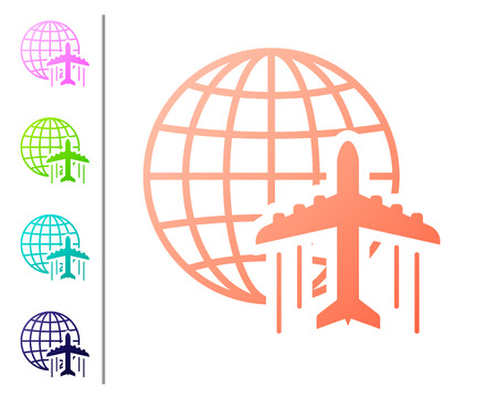 Coral Globe with flying plane icon isolated on white background. Airplane fly around the planet earth. Aircraft world icon. Set icon in color buttons. Vector Illustrationのイラスト素材