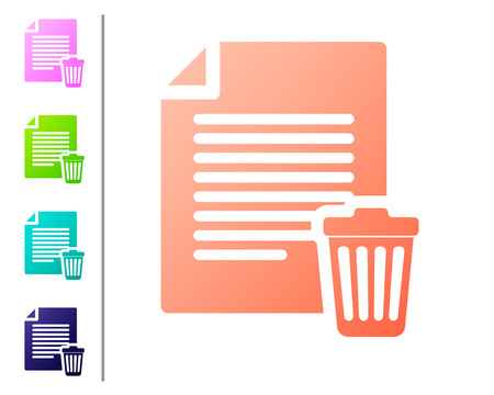 Coral Delete file document icon isolated on white background. Paper sheet with recycle bin sign. Rejected document icon. Cross on paper. Set icon in color buttons. Vector Illustrationのイラスト素材