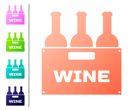 Coral Bottles of wine in a wooden box icon isolated on white background. Wine bottles in a wooden crate icon. Set icon in color buttons. Vector Illustrationのイラスト素材