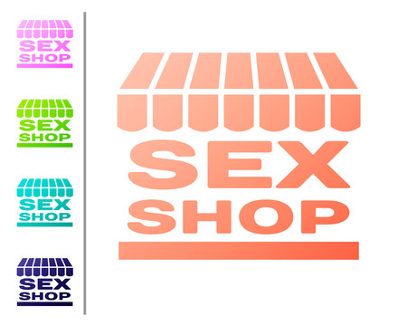 Coral Sex shop building with striped awning icon isolated on white background. Sex shop, online sex store, adult erotic products concept. Set color icons. Vector Illustrationのイラスト素材