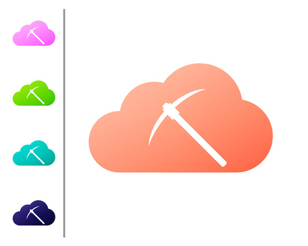 Coral Cryptocurrency cloud mining icon isolated on white background. Cloud with pickaxe, bitcoin, altcoins, digital money market, cryptocoin wallet. Set color icons. Vector Illustrationのイラスト素材