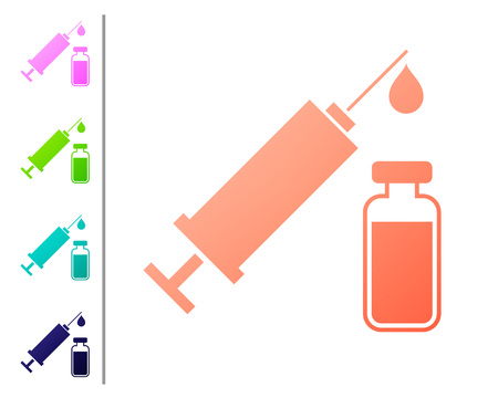 Coral Medical syringe with needle and vial or ampoule icon isolated on white background. Vaccination, injection, vaccine, insulin concept. Set color icons. Vector Illustrationのイラスト素材