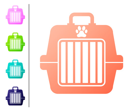 Coral Pet carry case icon isolated on white background. Carrier for animals, dog and cat. Container for animals. Animal transport box. Set color icons. Vector Illustrationのイラスト素材