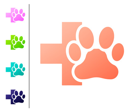 Coral Veterinary clinic symbol icon isolated on white background. Cross hospital sign. A stylized paw print dog or cat. Pet First Aid sign. Set color icons. Vector Illustrationのイラスト素材