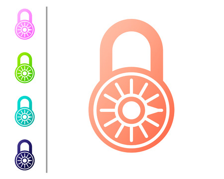 Coral Safe combination lock wheel icon isolated on white background. Combination padlock. Security, safety, protection, password, privacy concept. Set color icons. Vector Illustrationのイラスト素材