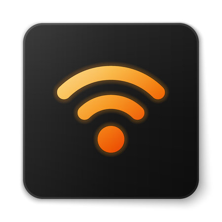 Orange glowing wireless internet network symbol icon isolated on white background. Flat design. Black square button. Vector Illustrationのイラスト素材