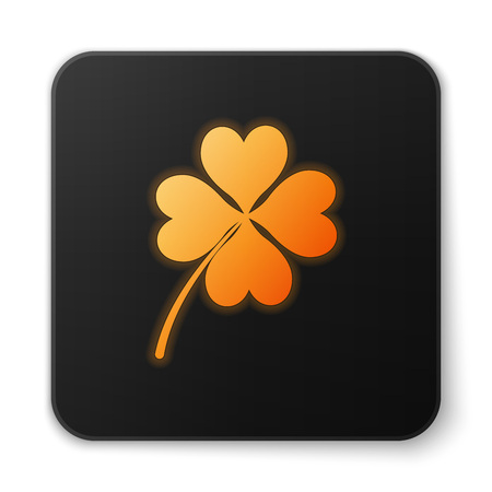 Orange glowing Four leaf clover icon isolated on white background. Happy Saint Patrick day. Black square button. Vector Illustrationのイラスト素材
