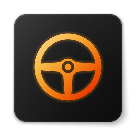 Orange glowing Steering wheel icon isolated on white background. Car wheel icon. Black square button. Vector Illustrationのイラスト素材
