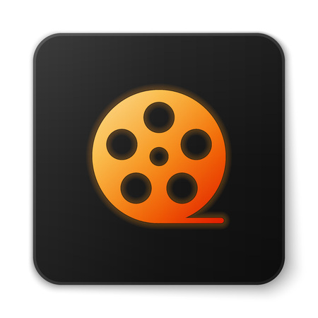 Orange glowing Film reel icon isolated on white background. Black square button. Vector Illustrationのイラスト素材