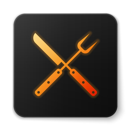 Orange glowing Crossed knife and spatula icon isolated on white background. BBQ knife and spatula sign. Barbecue and grill tools. Black square button. Vector Illustrationのイラスト素材