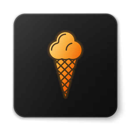 Orange glowing Ice cream in waffle cone icon isolated on white background. Sweet symbol. Black square button. Vector Illustrationのイラスト素材