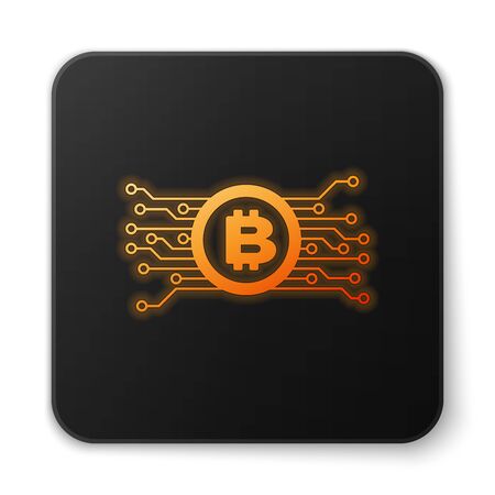 Orange glowing Cryptocurrency concept bitcoin in circle with microchip circuit icon isolated on white background. Blockchain technology, digital money market. Black square button. Vector Illustrationのイラスト素材