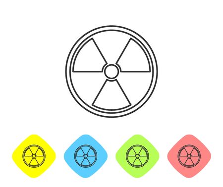 Grey Radioactive line icon isolated on white background. Radioactive toxic symbol. Radiation Hazard sign. Set icon in color rhombus buttons. Vector Illustrationのイラスト素材
