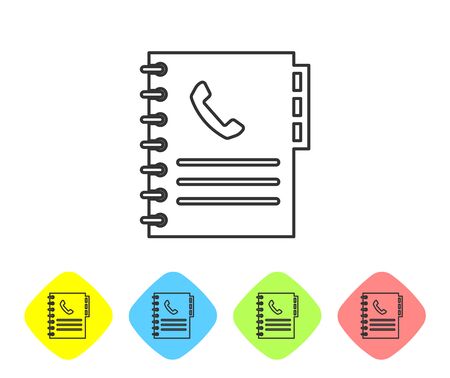 Grey Phone book line icon isolated on white background. Address book. Telephone directory. Set icon in color rhombus buttons. Vector Illustrationのイラスト素材