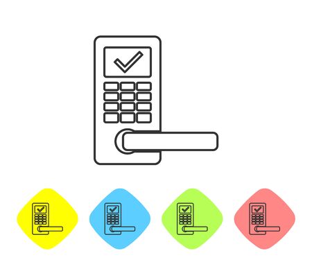 Grey Digital door lock with wireless technology for unlock line icon on white background. Door handle sign. Security smart home of concept. Set icon in color rhombus buttons. Vector Illustrationのイラスト素材