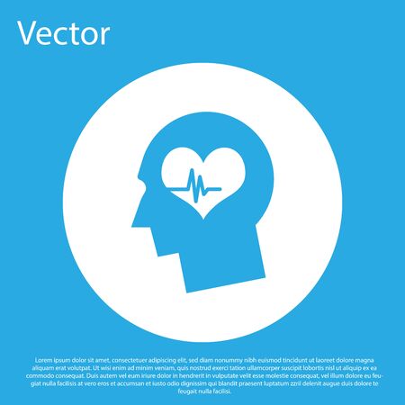 Blue Male head with a heartbeat icon isolated on blue background. Head with mental health, healthcare and medical sign. White circle button. Flat design. Vector Illustrationのイラスト素材