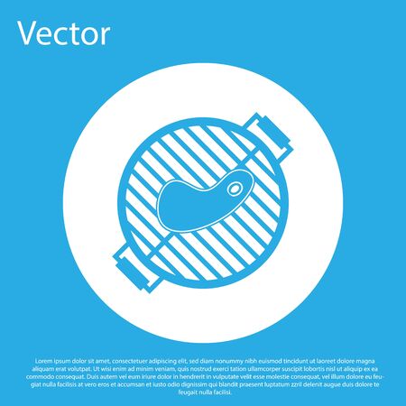 Blue Barbecue grill with steak icon isolated on blue background. BBQ grill party. White circle button. Vector Illustrationのイラスト素材