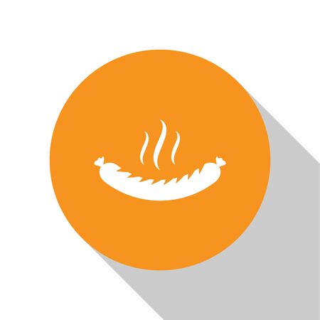 White Sausage with steam icon isolated on white background. Grilled sausage and aroma sign. Orange circle button. Vector Illustrationのイラスト素材