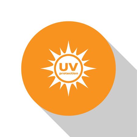 White UV protection icon isolated on white background. Ultra violet rays radiation. SPF sun sign. Orange circle button. Flat design. Vector Illustrationのイラスト素材