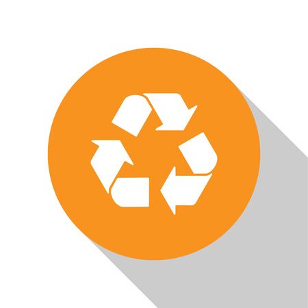 White Recycle symbol icon isolated on white background. Circular arrow icon. Environment recyclable go green. Orange circle button. Vector Illustrationのイラスト素材