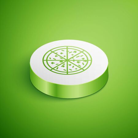 Isometric Pizza icon isolated on green background. White circle button. Vector Illustrationのイラスト素材