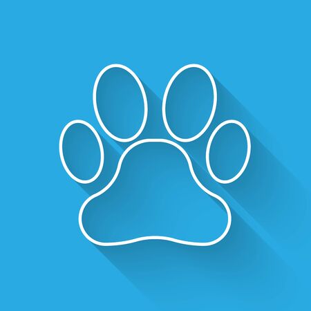 White Paw print line icon isolated with long shadow. Dog or cat paw print. Animal track. Vector Illustrationのイラスト素材