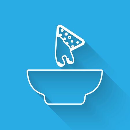 White Nachos in plate line icon isolated with long shadow. Tortilla chips or nachos tortillas. Traditional mexican fast food. Vector Illustrationのイラスト素材