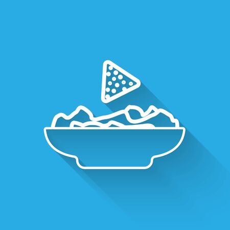 White Nachos in plate line icon isolated with long shadow. Tortilla chips or nachos tortillas. Traditional mexican fast food. Vector Illustrationのイラスト素材