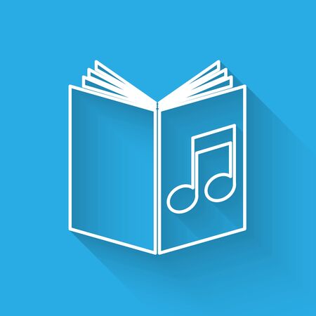 White line Audio book icon isolated with long shadow. Musical note with book. Audio guide sign. Online learning concept. Vector Illustrationのイラスト素材