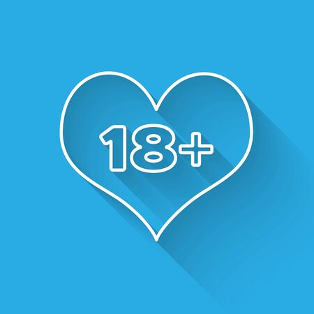 White line 18 plus content heart icon isolated with long shadow. Adults content only icon. Vector Illustrationのイラスト素材