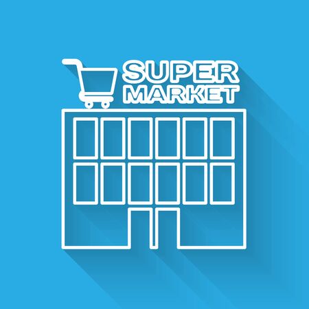 White line Supermarket building with shopping cart icon isolated with long shadow. Shop or store. Mall building. Vector Illustrationのイラスト素材