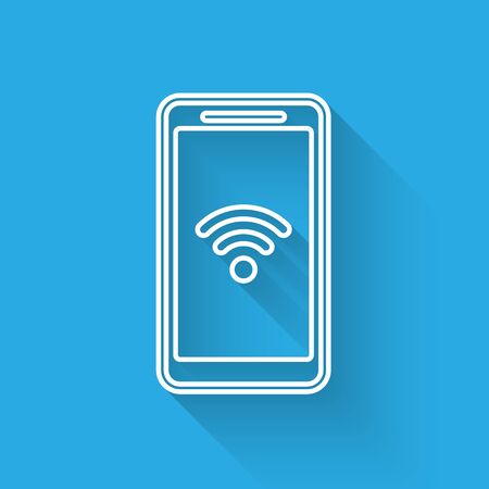 White Smartphone with wireless connection line icon isolated with long shadow. Wireless technology,wireless network. Vector Illustrationのイラスト素材