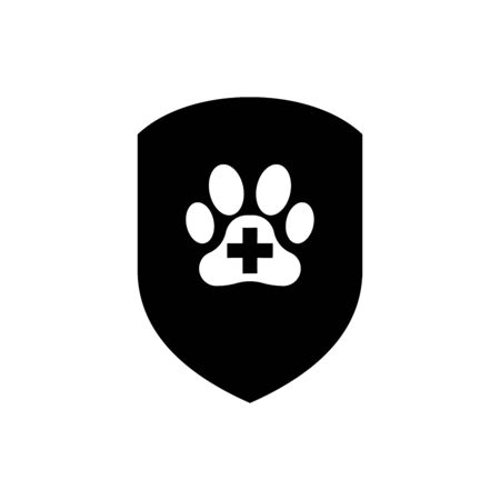 Black Animal health insurance icon isolated. Pet protection icon. Dog or cat paw print. Vector Illustrationのイラスト素材
