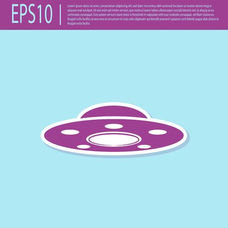 Retro purple UFO flying spaceship icon isolated on turquoise background. Flying saucer. Alien space ship. Futuristic unknown flying object. Flat design. Vector Illustrationのイラスト素材